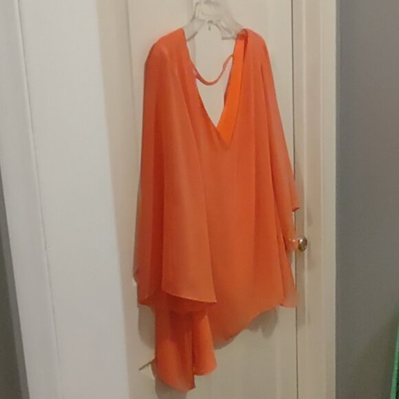 NWOT Women's Bisou Bisou Orange Sheer Lined Blouse 3/4 Sheer Sleeve 3X V-Neck - Picture 3 of 7
